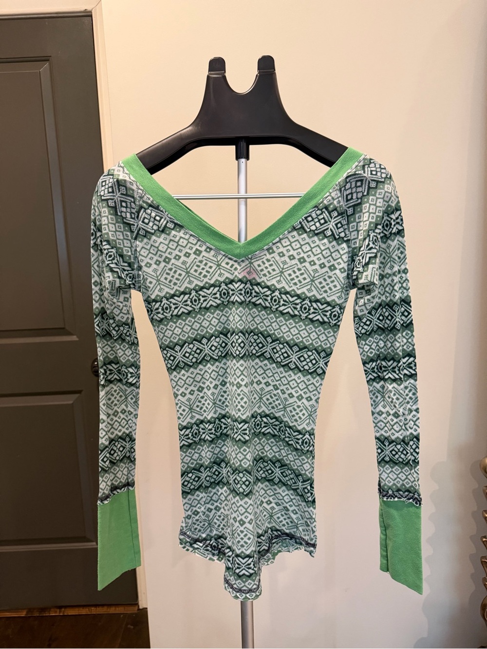 Free People Green Geometric Print Long Sleeve Bodysuit Size Small